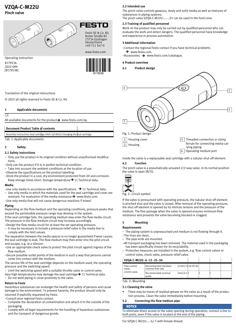 Imagen de la primera página del manual del dispositivo VZQA-C-M22U-15-S5S5-V4V4E-4