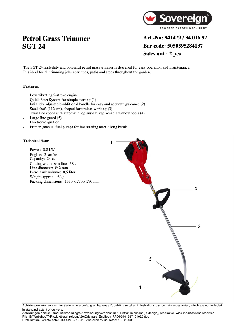 Página 1 del manual Ficha técnica Sovereign SGT 24