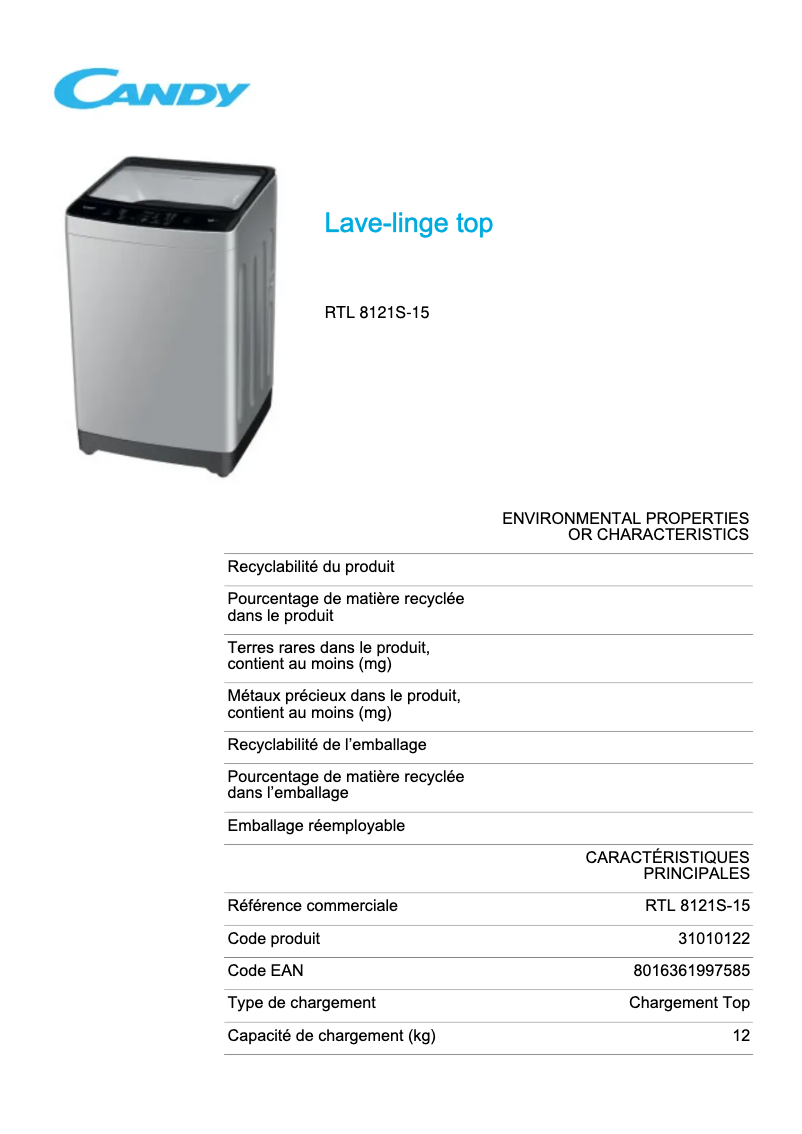 Página 1 del manual Ficha técnica Candy RTL 8121S-15