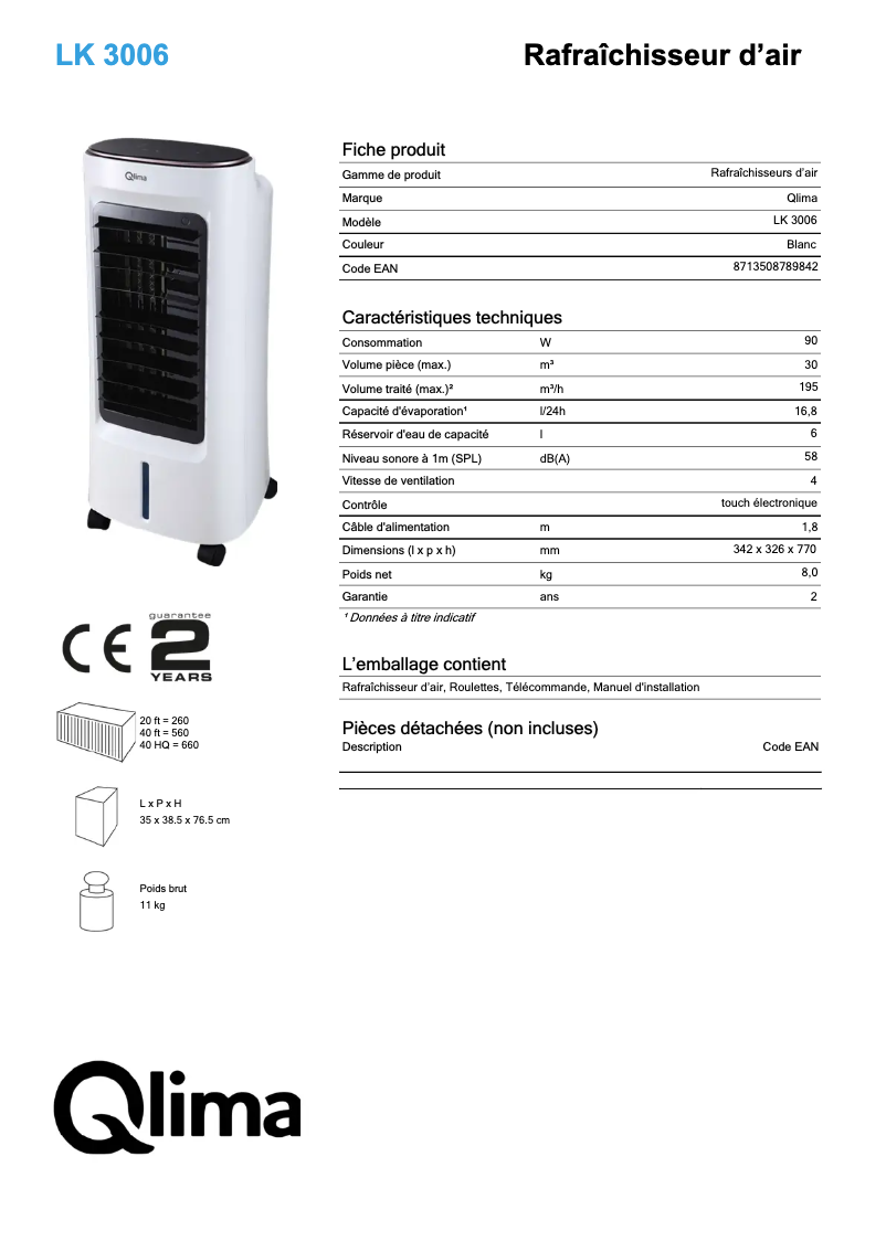 Página 1 del manual Ficha técnica Qlima LK3006