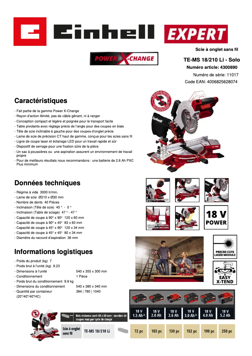 Página 1 del manual Ficha técnica Einhell TE-MS 18/210 Li-Solo