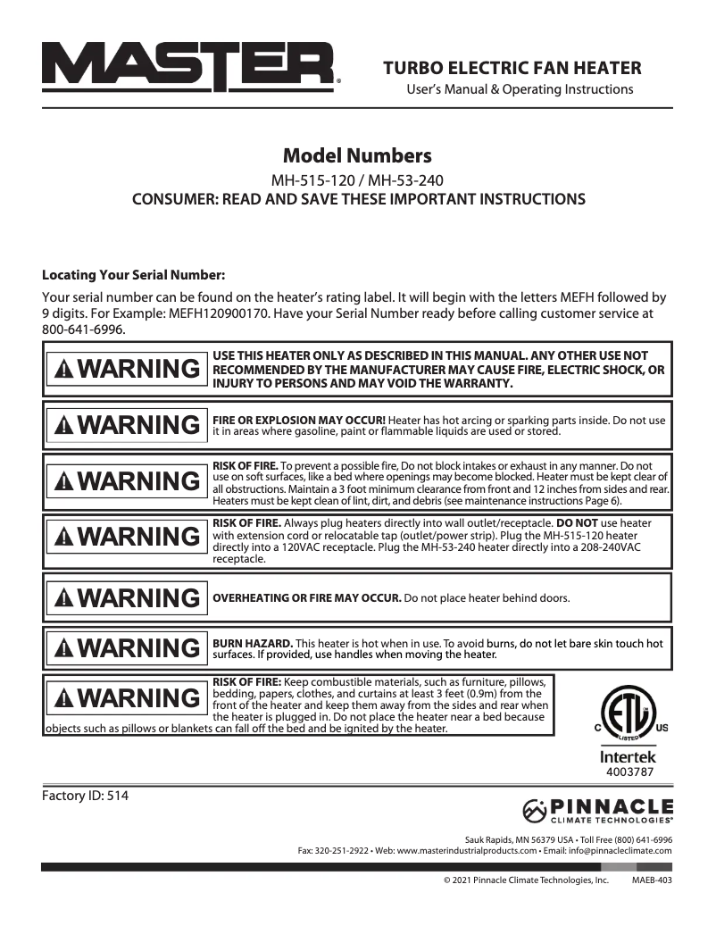 Página 1 del manual Manual de usuario Master MH-53-240