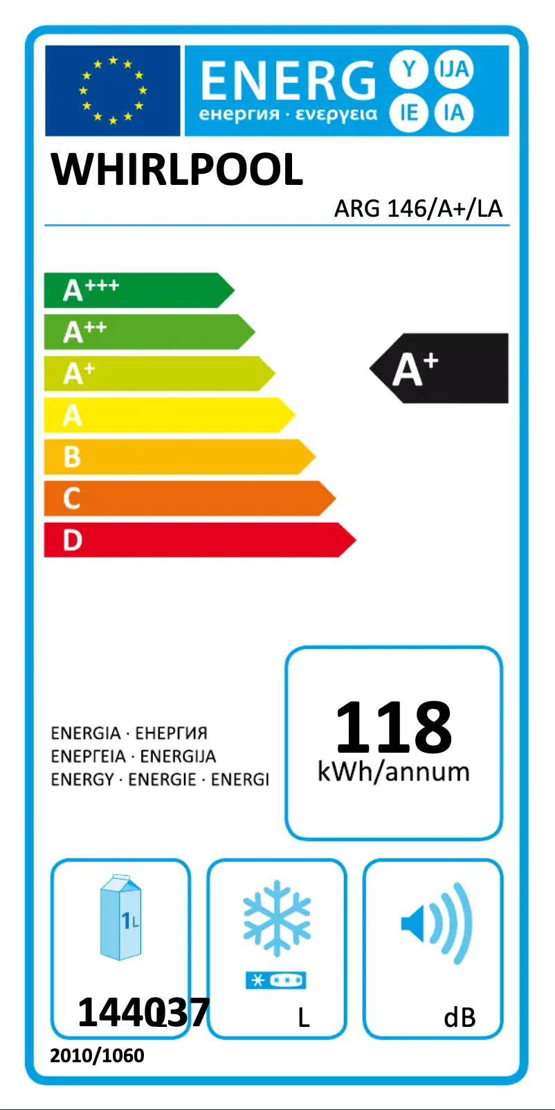 Página 1 del manual Etiqueta energética Whirlpool ARG 146/A+/LA