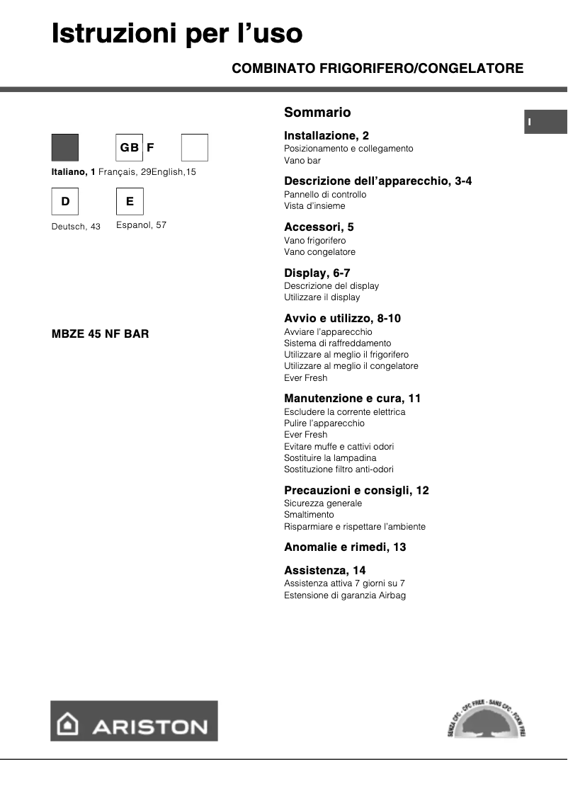 Página 1 del manual Manual de usuario Ariston Thermo MBZE45NFBAR