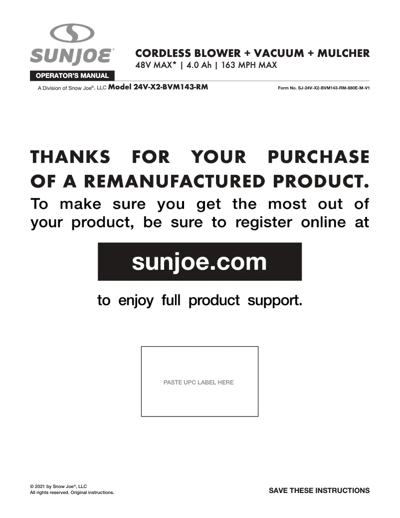Página 1 del manual Manual de usuario Sun Joe 24V-X2-BVM143-RM