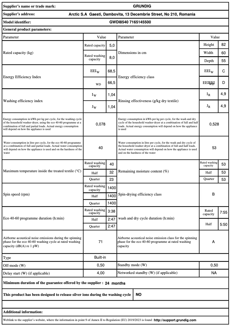 Página 1 del manual Ficha técnica Grundig GWDI 8540