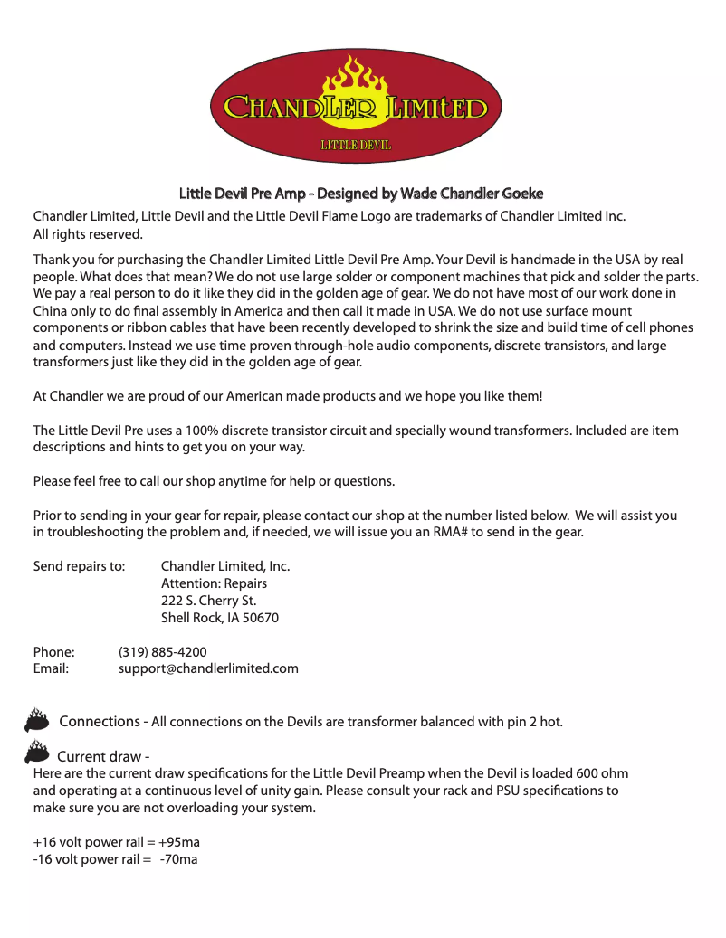 Imagen de la primera página del manual del dispositivo Little Devil Pre Amp