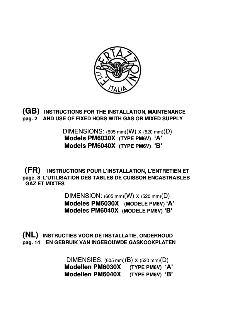 Página 1 del manual Manual de usuario Bertazzoni PM6040X PM6V B