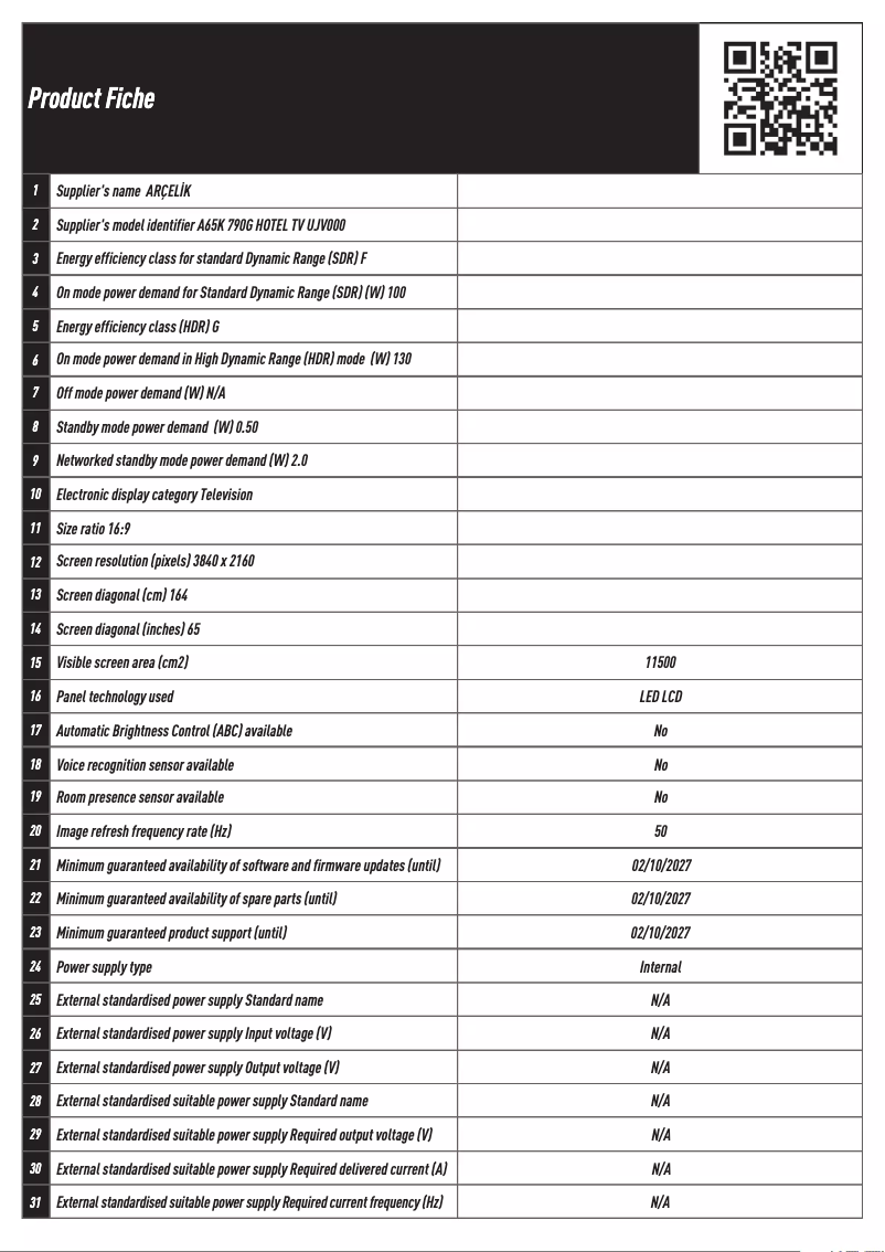 Página 1 del manual Ficha técnica Arçelik A65K 790G