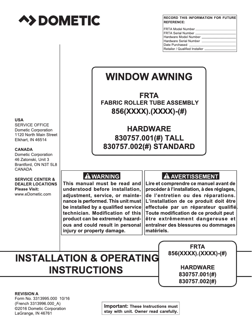 Página nº 1 - Guía de instalación Dometic Window Awning