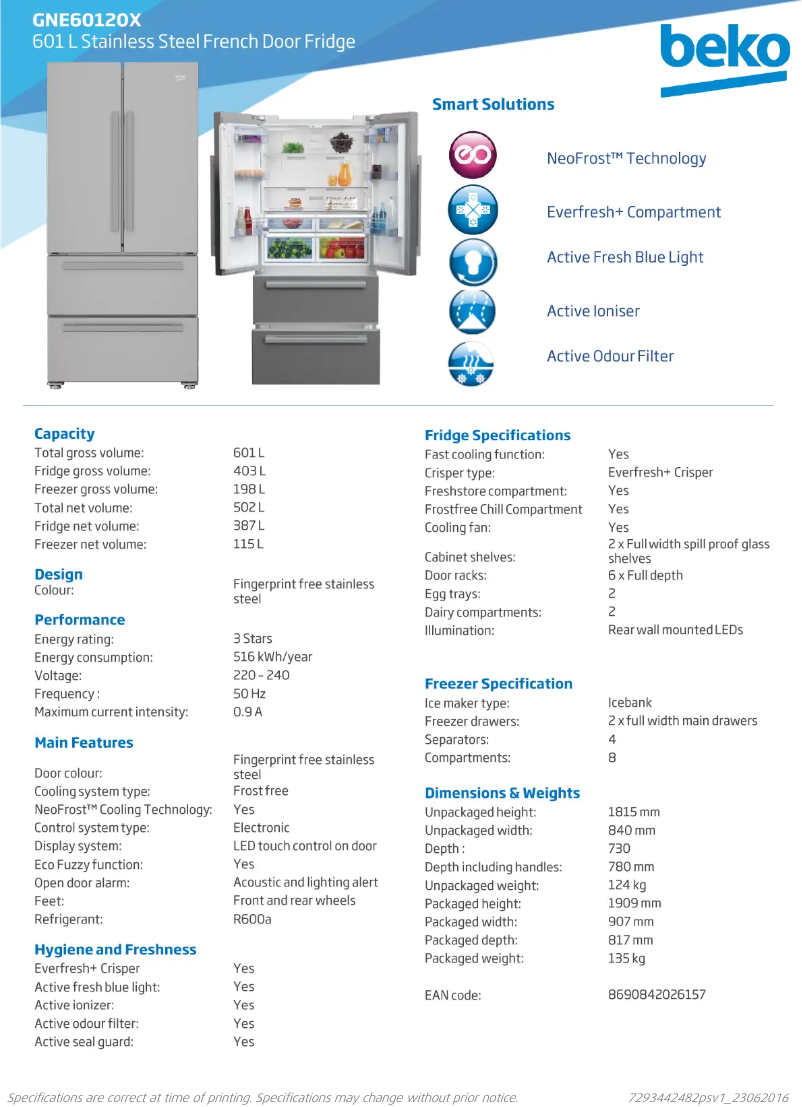 Página 1 del manual Ficha técnica Beko GNE60120X