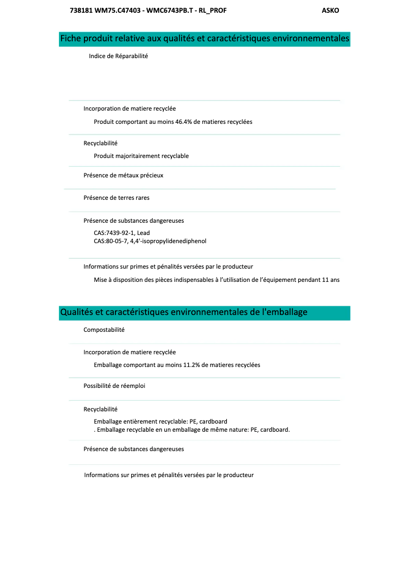 Página 1 del manual Ficha técnica Asko WMC6743PB.T