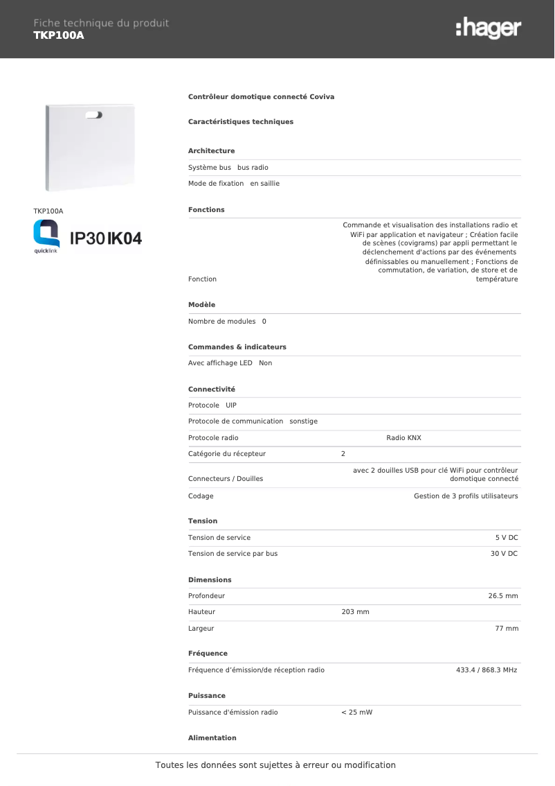 Página 1 del manual Ficha técnica Hager TKP100A