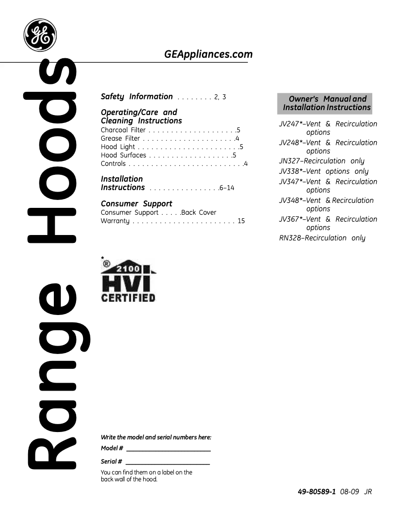 Página 1 del manual Manual de uso y mantenimiento GE JN327XAD