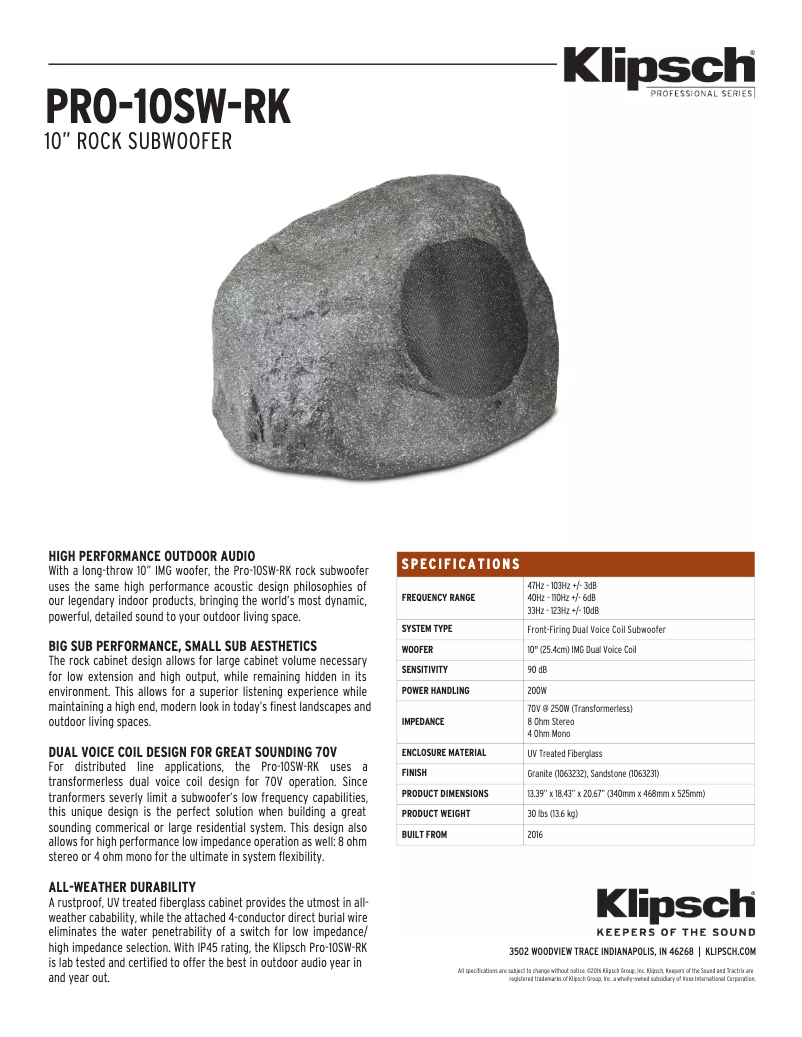 Página 1 del manual Ficha técnica Klipsch PRO-10SW-RK