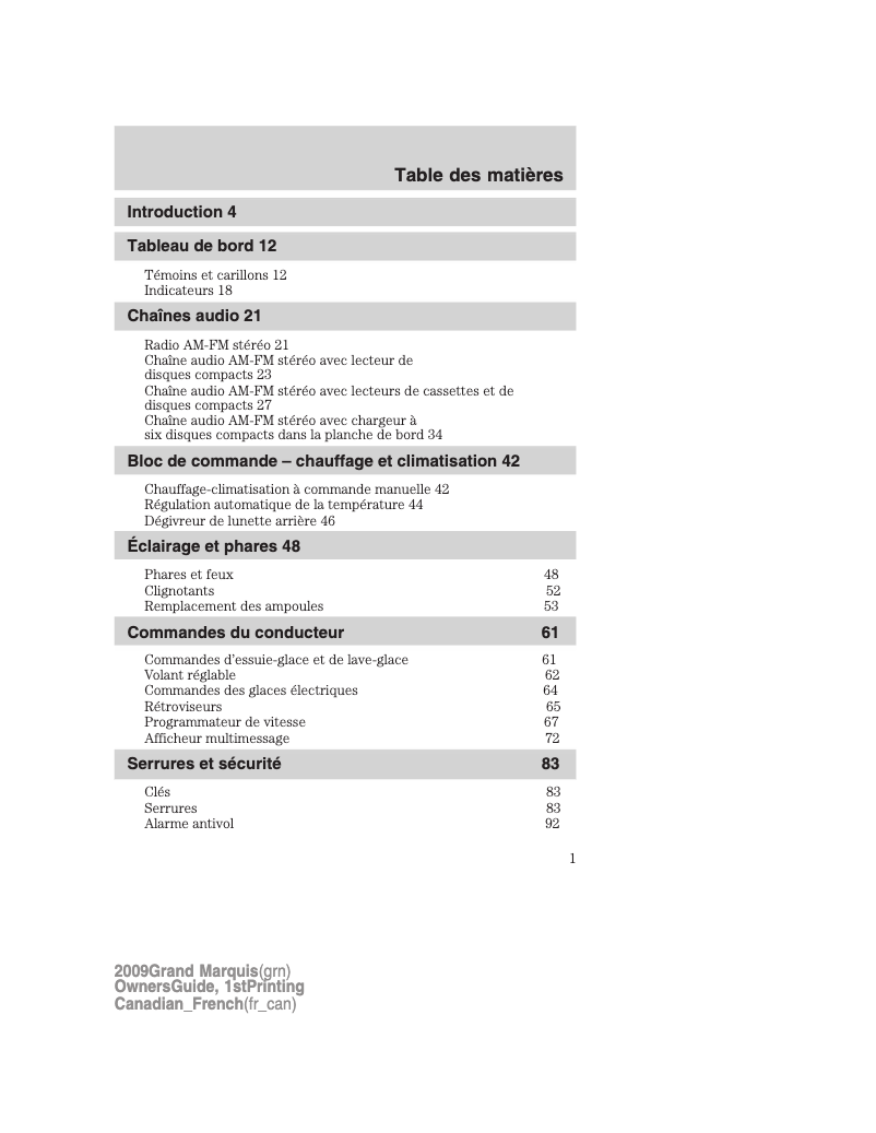 Página 1 del manual Manual de usuario Mercury Grand Marquis (2009)