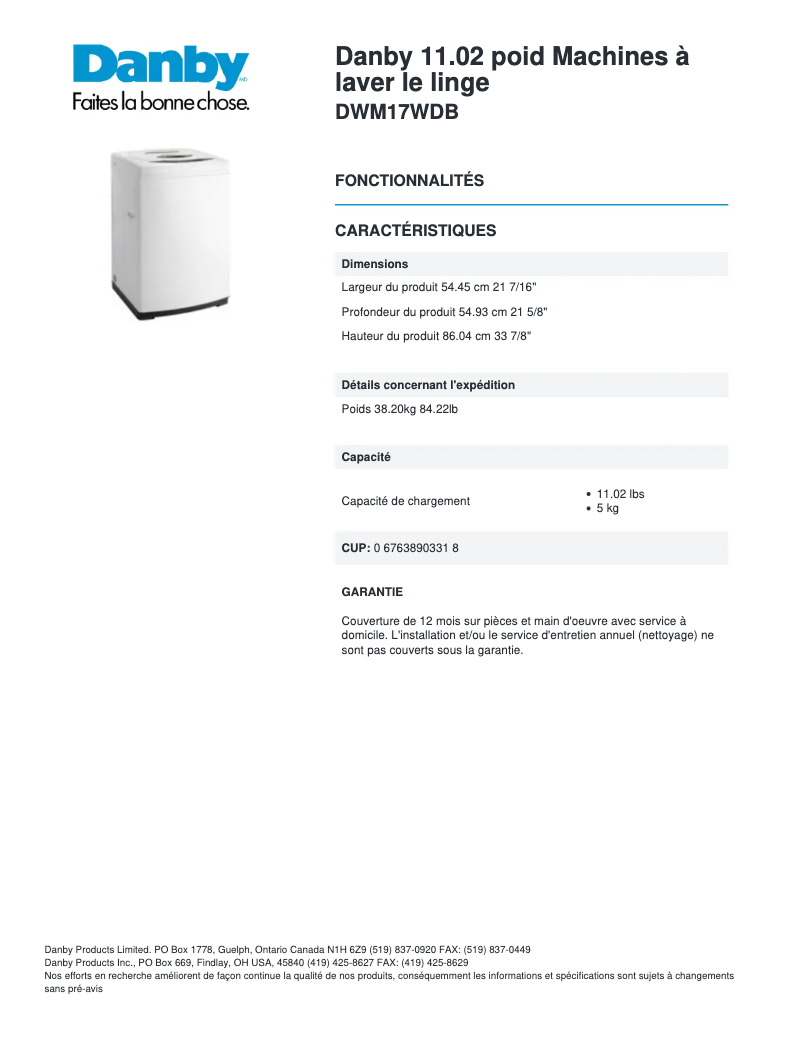 Página 1 del manual Ficha técnica Danby DWM17WDB