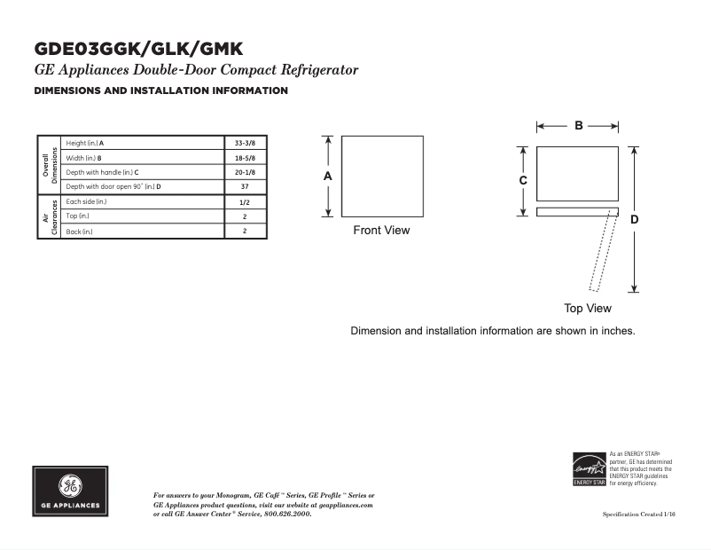 Página 1 del manual Ficha técnica GE GDE03GGKWW