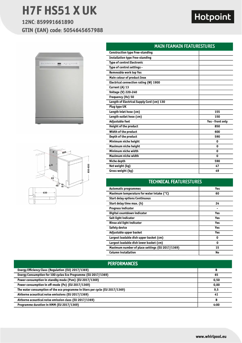 Página 1 del manual Ficha técnica Hotpoint H7F HS51 X UK