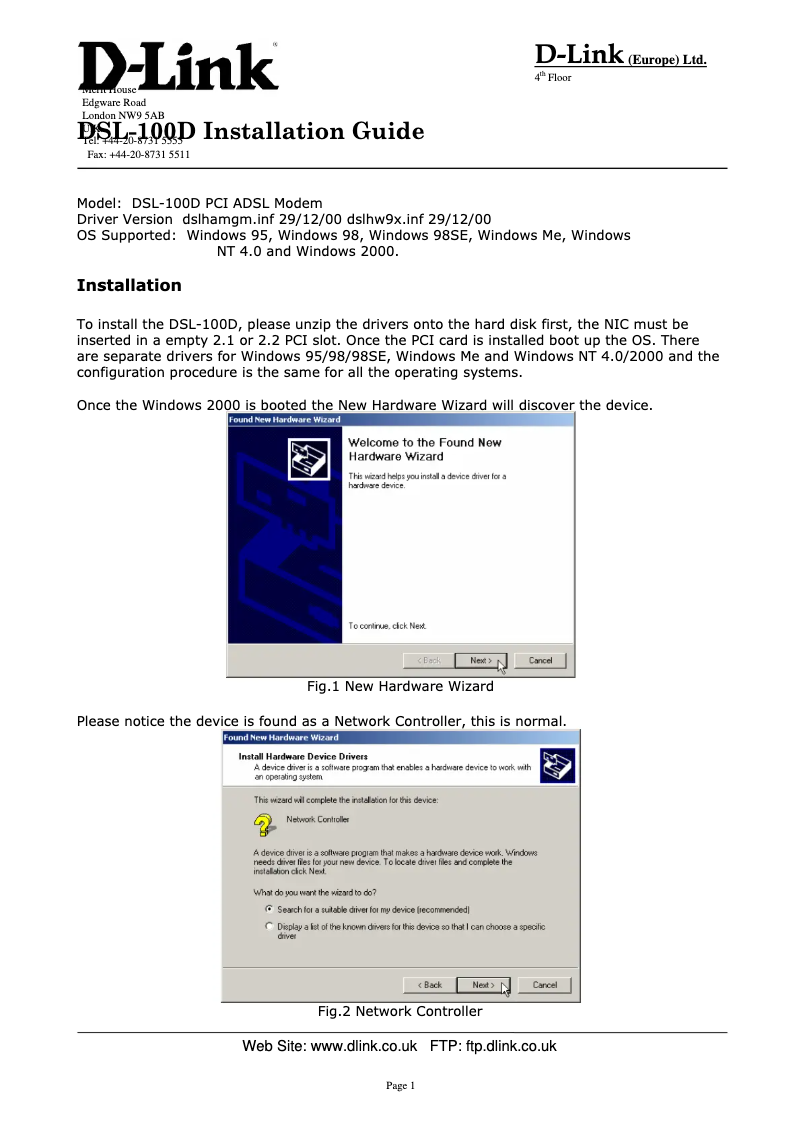 Página 1 del manual Guía de instalación D-Link DSL-100D