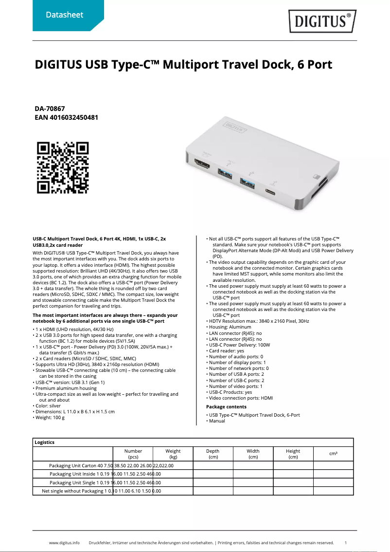Página 1 del manual Ficha técnica Digitus DA-70867