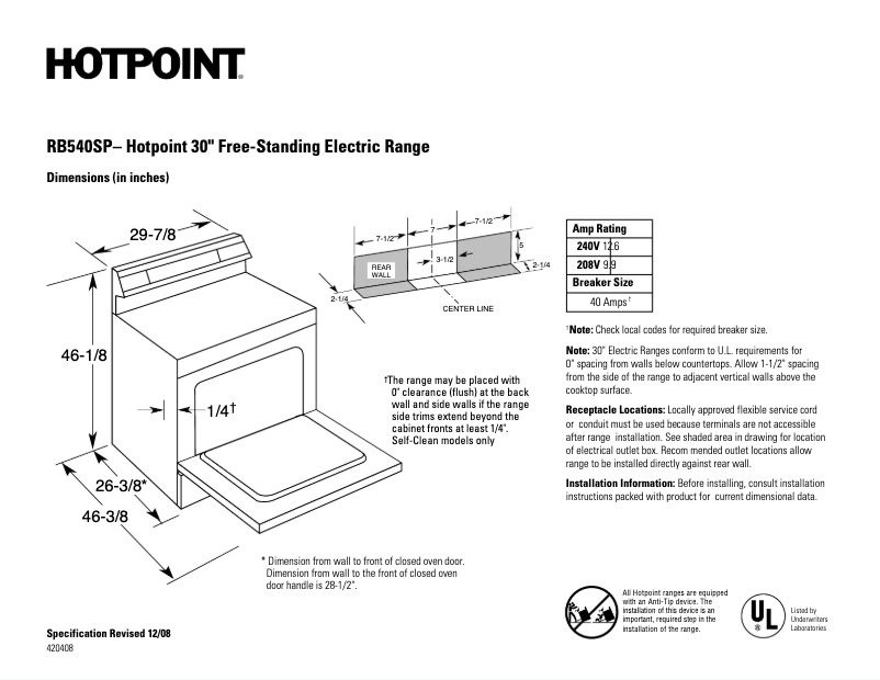 Página 1 del manual Ficha técnica Hotpoint RB540SPSA