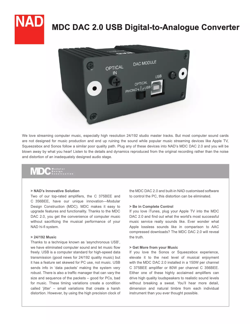 Imagen de la primera página del manual del dispositivo MDC DAC 2.0