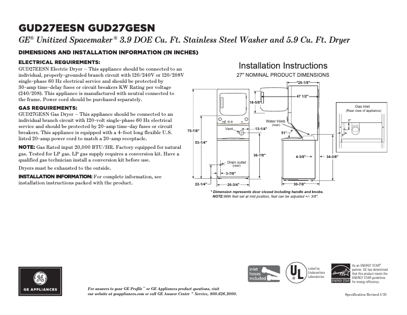 Imagen de la primera página del manual del dispositivo Spacemaker GUD27GESNWW
