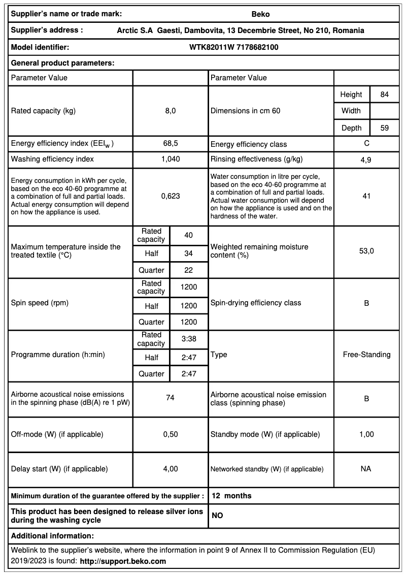 Página 1 del manual Ficha técnica Beko WTK82011W