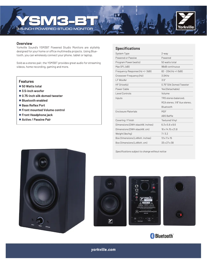 Página 1 del manual Ficha técnica Yorkville YSM3BT