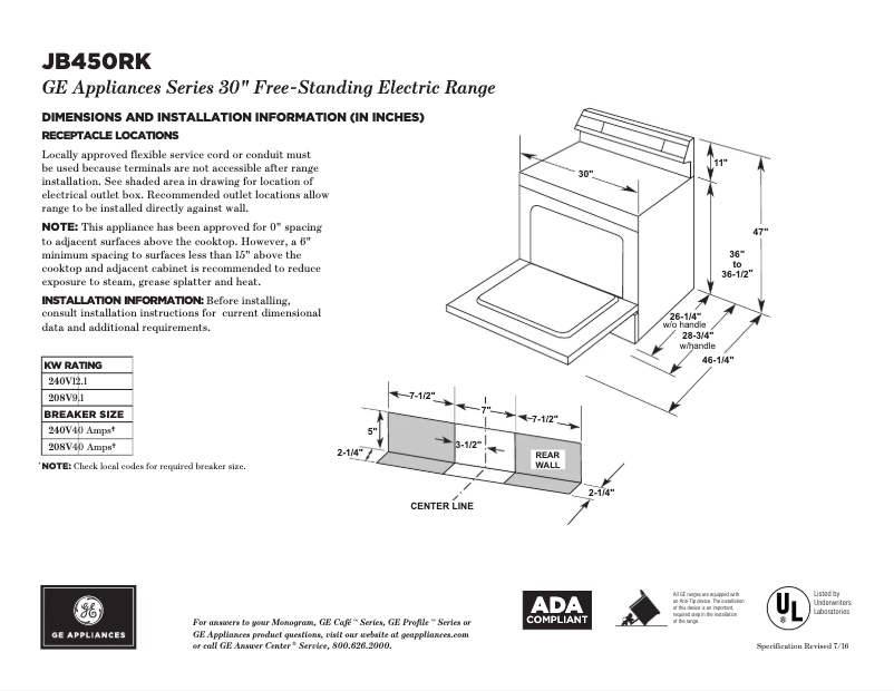 Página 1 del manual Ficha técnica GE JB450RKSS