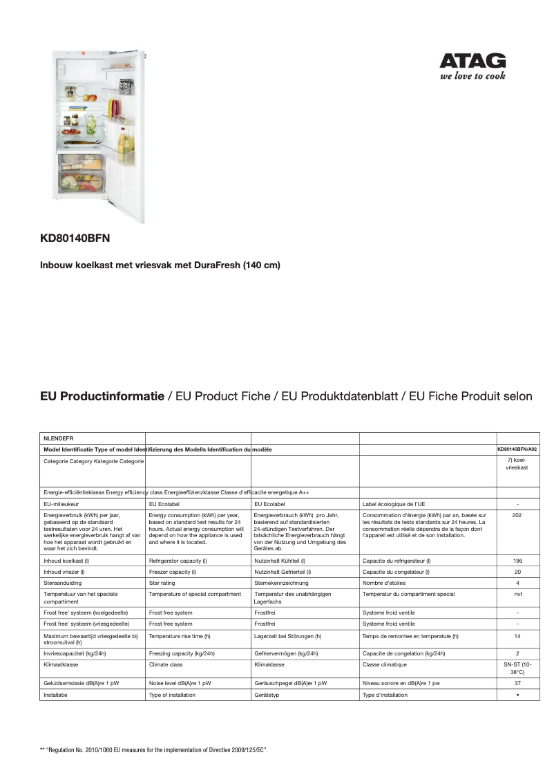 Página 1 del manual Ficha técnica Atag KD80140BFN