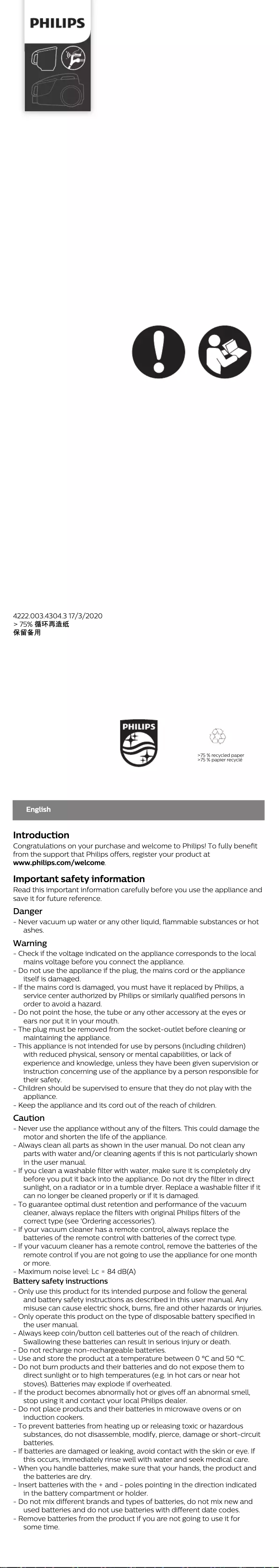 Imagen de la primera página del manual del dispositivo PowerCyclone 5 FC9515