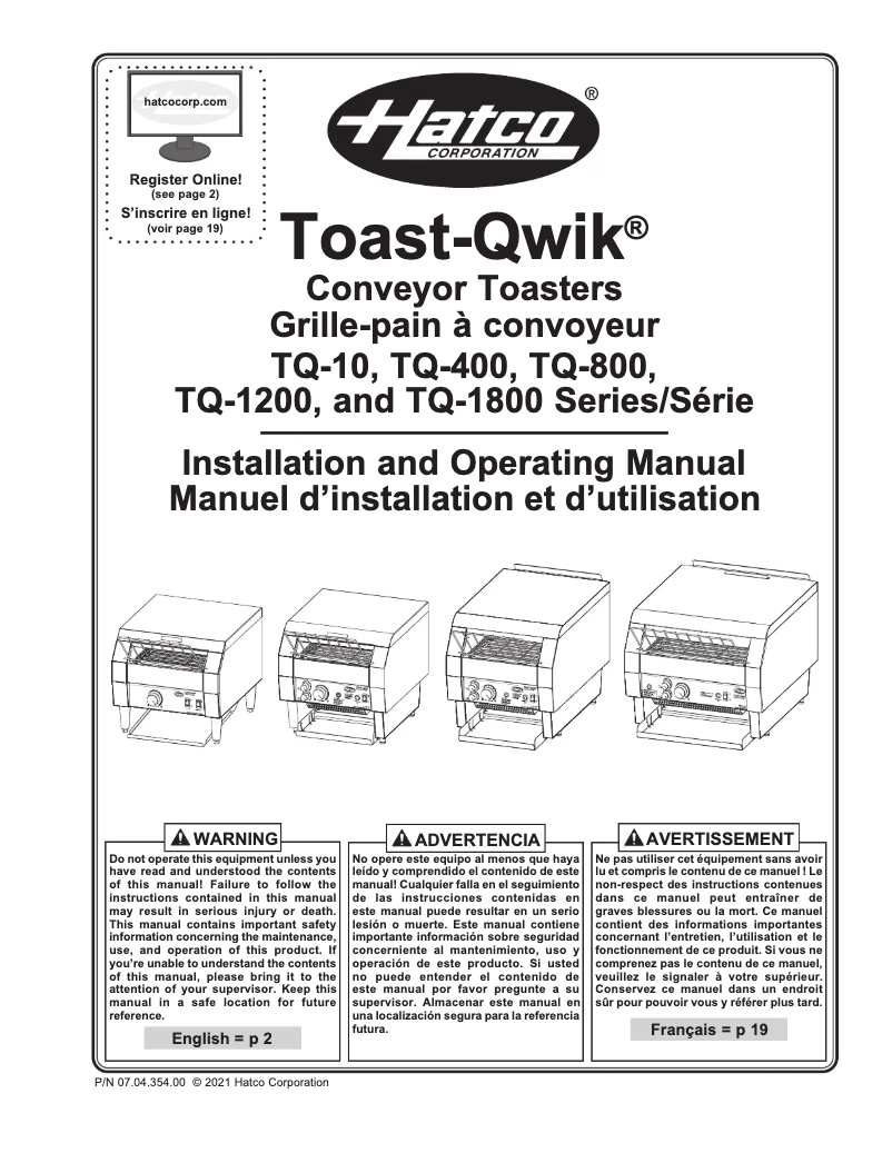 Página 1 del manual Manual de usuario Hatco Toast-Qwik TQ-1800H