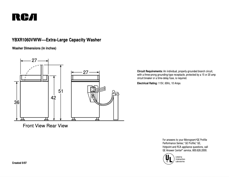 Página 1 del manual Ficha técnica RCA YBXR1060VWW