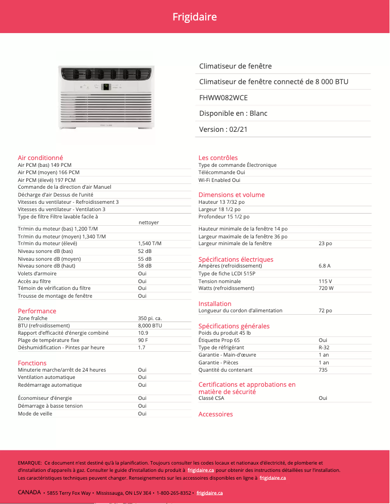 Página nº 1 - Ficha técnica Frigidaire FHWW082WCE