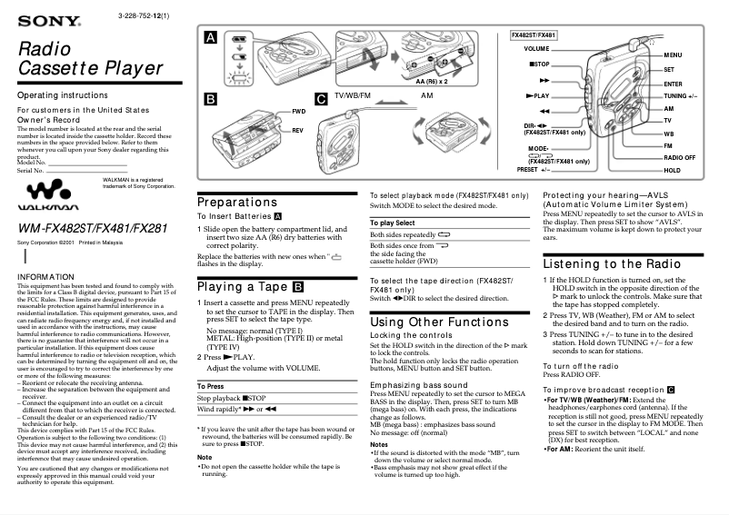 Imagen de la primera página del manual del dispositivo Walkman WM-FX281