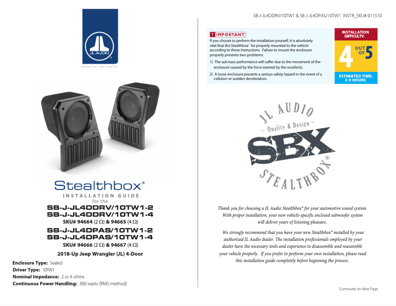 Imagen de la primera página del manual del dispositivo Stealthbox SB-J-JL4DDRV/10TW1-4