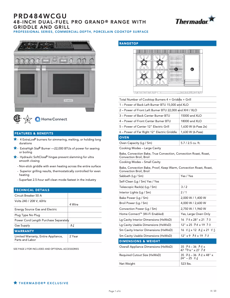 Página 1 del manual Ficha técnica Thermador PRD484WCGU