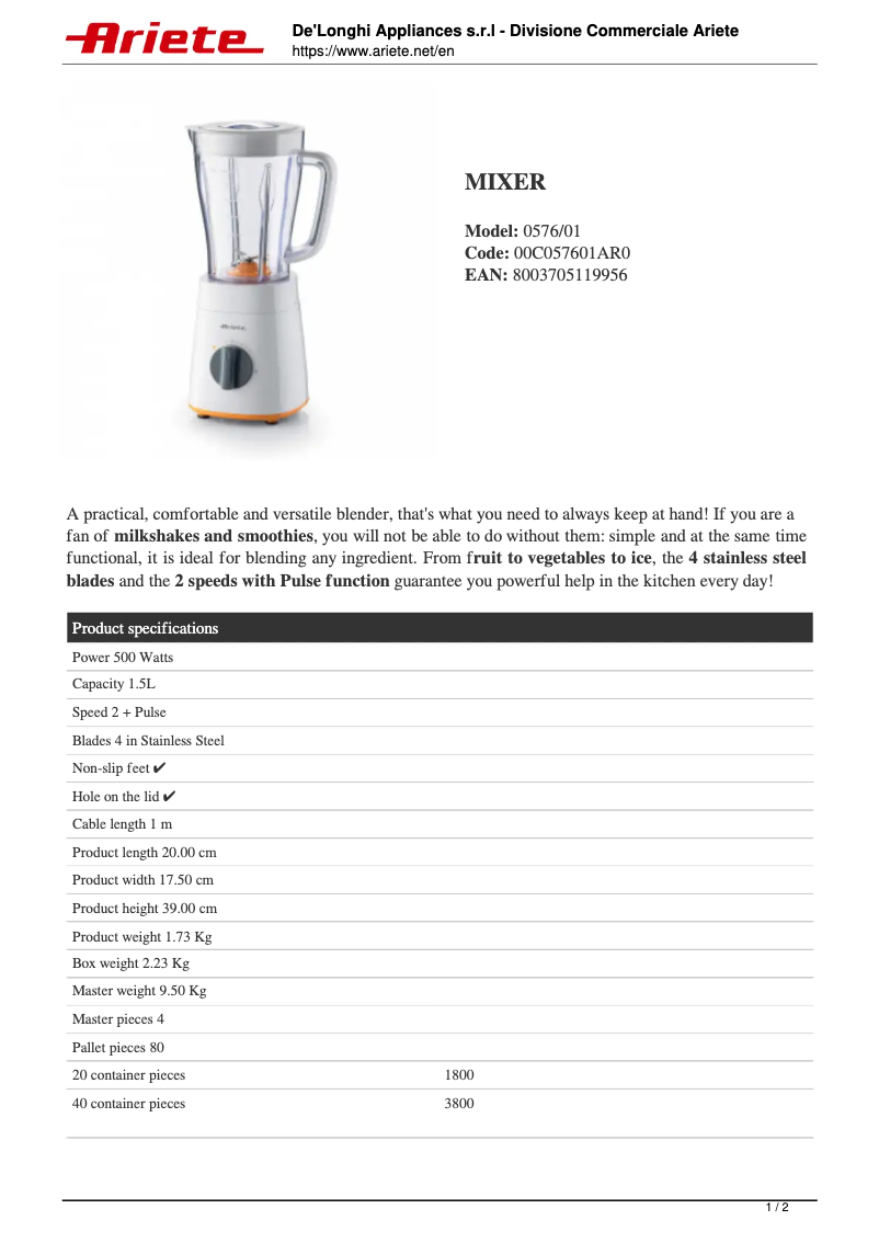 Página 1 del manual Ficha técnica Ariete Frullatore 0576