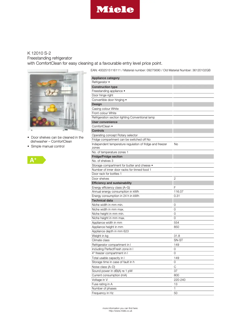 Página 1 del manual Ficha técnica Miele K12010 S-2