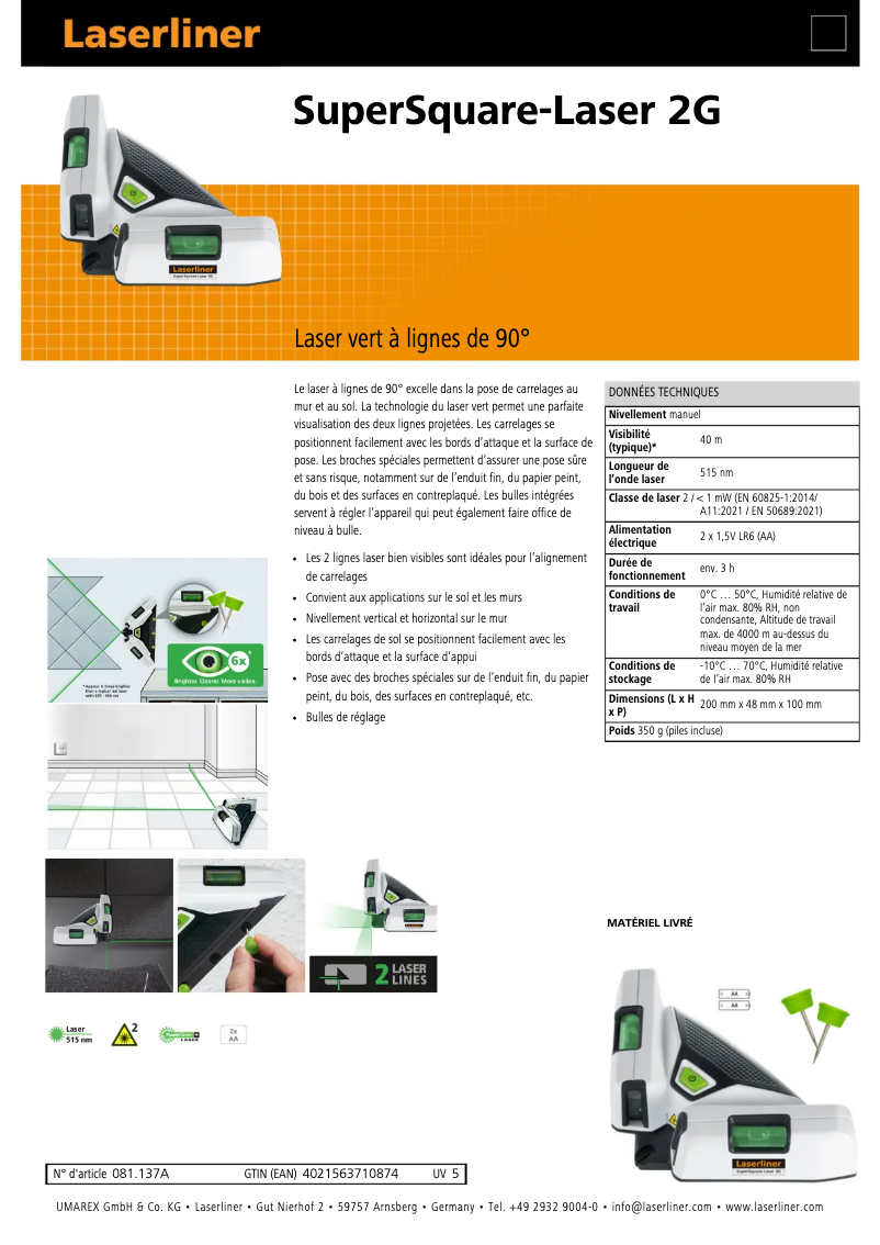 Página 1 del manual Ficha técnica Laserliner SuperSquare-Laser 2G