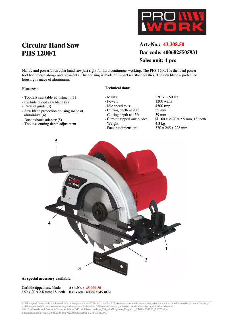 Página 1 del manual Ficha técnica Prowork PHS 1200/1