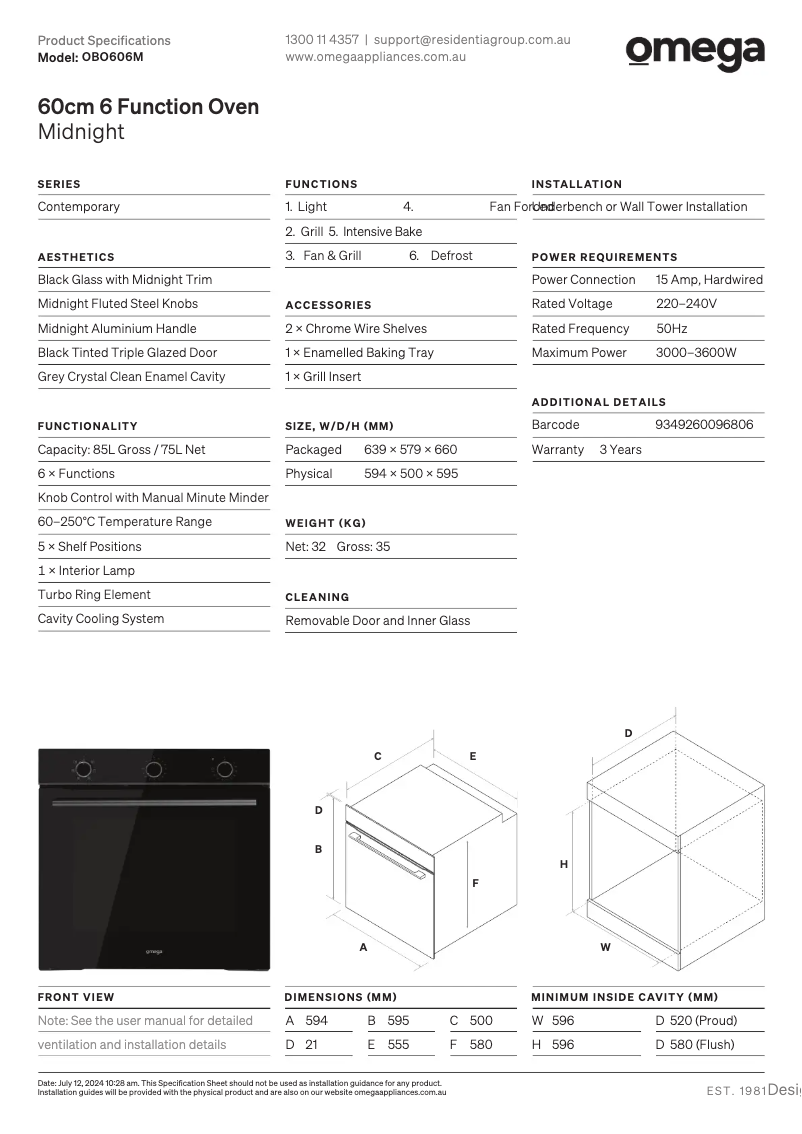 Página 1 del manual Ficha técnica Omega OBO606M