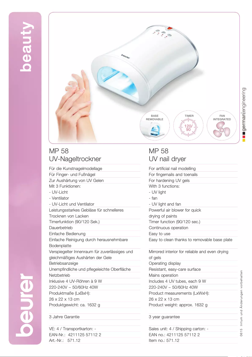 Página 1 del manual Ficha técnica Beurer MP 58