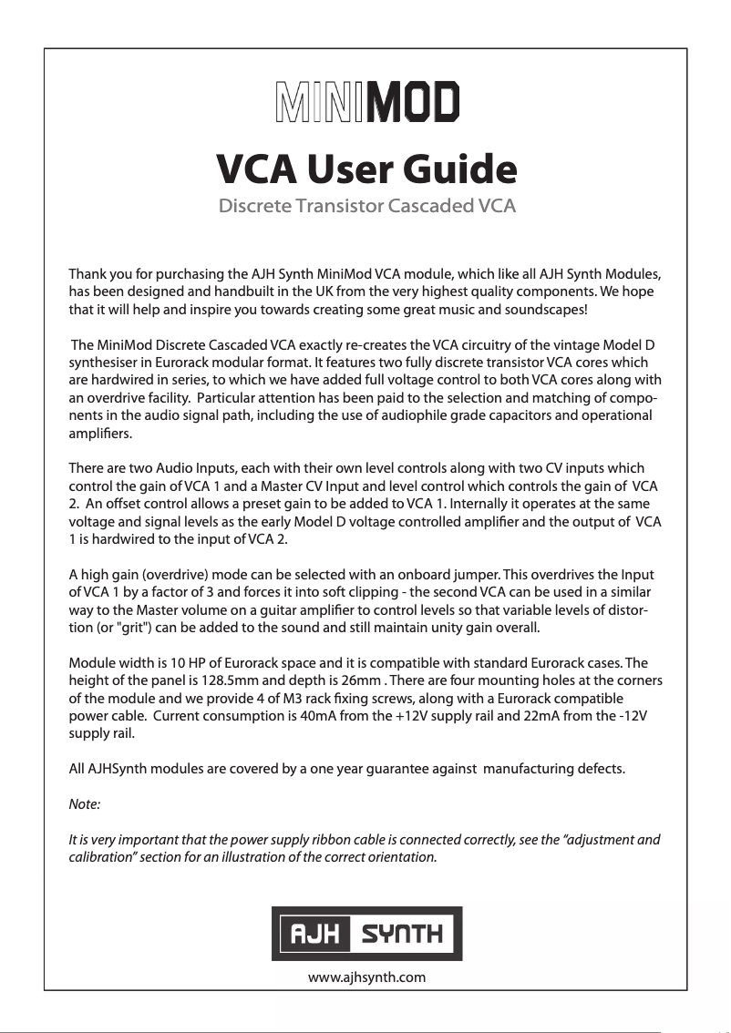 Imagen de la primera página del manual del dispositivo MiniMod VCA