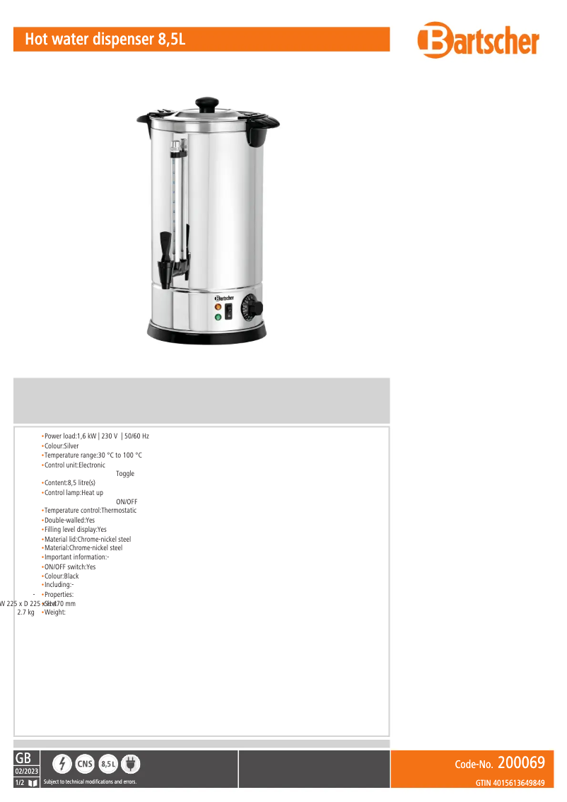 Página 1 del manual Ficha técnica Bartscher 200069