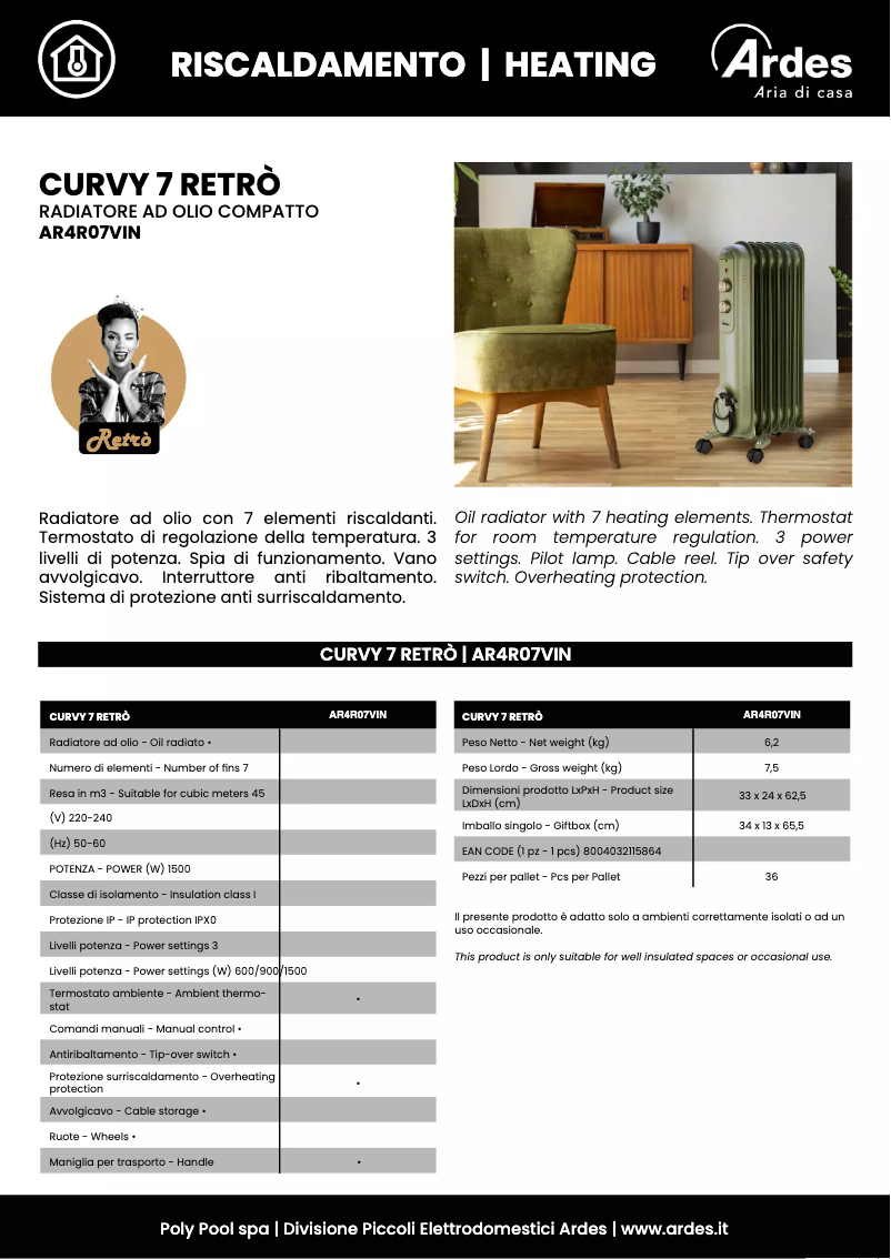 Página 1 del manual Ficha técnica Ardes Curvy 7 Retrò AR4R07VIN