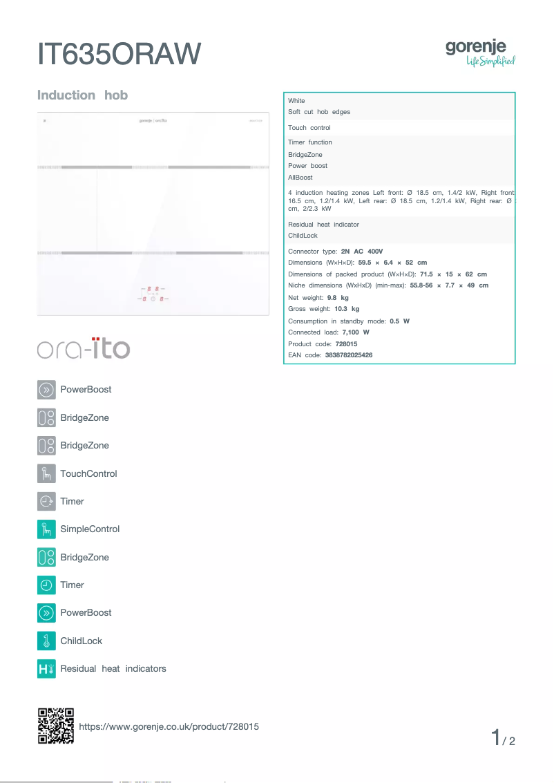 Página 1 del manual Ficha técnica Gorenje IT635ORAW