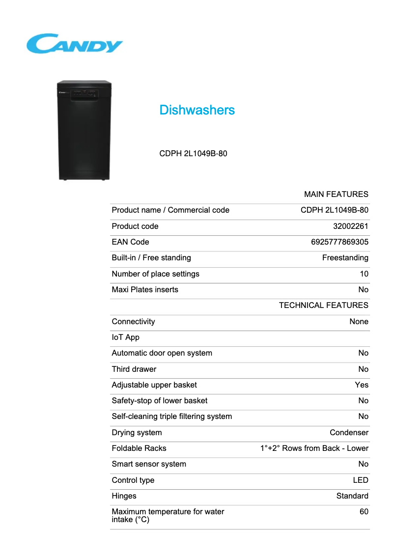 Página 1 del manual Ficha técnica Candy CDPH 2L1049B